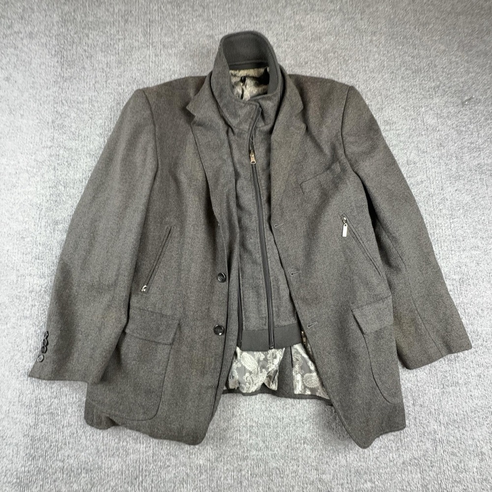 Inserch Blazer Sport Coat Mens L Wool Herringbone Tweed 2 Piece Zip Vest Gray